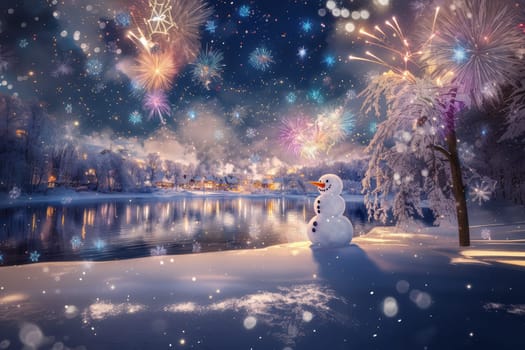 A magical winter scene with a cheerful snowman, sparkling snowflakes, and colorful fireworks lighting up the night
