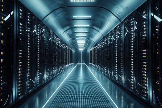 Endless rows of servers create a striking pattern in this data center interior. flashing lights add a rhythmic element, the continuous data flow and advanced technology within a futuristic and organized environment.