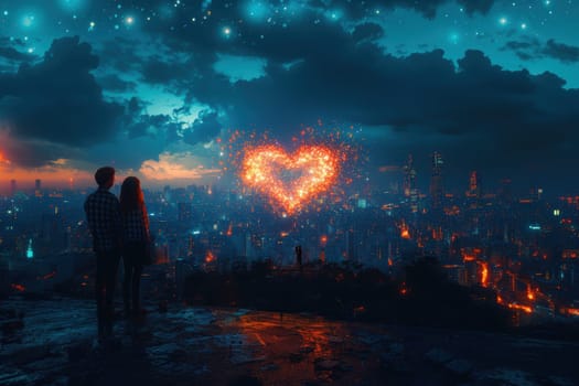 A couple closely admires the dazzling heartshaped display of fireworks against a stunning city skyline at dusk