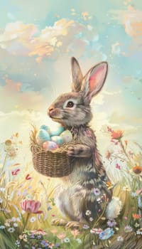 A delightful easter card showcasing a hand-drawn bunny holding a basket of colorful eggs amidst a field of wildflowers. soft pastel skies with delicate clouds enhance the peaceful springtime atmosphere, making it ideal for festive greetings.