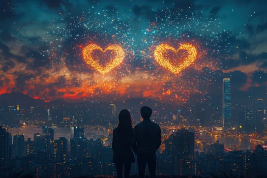 A lovely couple admires the beautiful heartshaped fireworks lighting up the stunning cityscape at dusk
