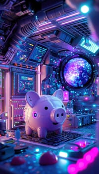 Futuristic piggy bank shaped like a robot in a space-themed child's room. surrounded by planets, stars, and glowing led lights, creating a whimsical and imaginative atmosphere perfect for sparking creativity and saving habits.