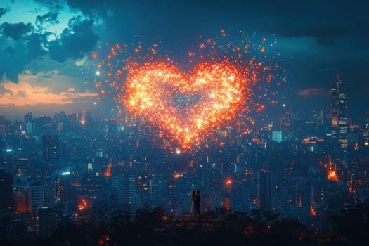 A breathtaking, heartshaped firework display beautifully illuminating the city skyline against the backdrop of sunset