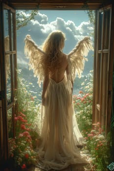 An ethereal angelic figure with magnificent wings stands gracefully in a blooming garden of vibrant flowers