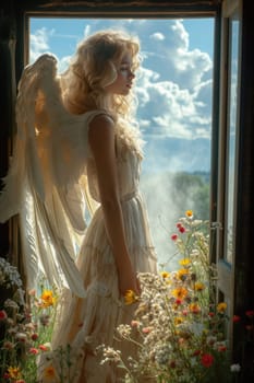 A serene angelic figure with wings stands in a floral doorway, embodying beauty and nature's tranquility.
