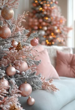 Christmas card in pastel pink. Selective focus.