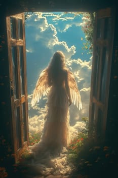 A serene angel with magnificent wings stands at an open door, inviting a glimpse into a beautiful celestial realm