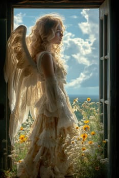 A serene and angelic figure delicately framed by an open window displaying vibrant flowers and soft clouds