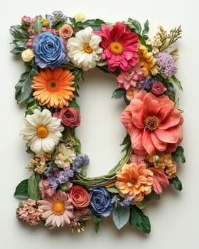 The letter D of colorful flowers on a white background. Selective focus.