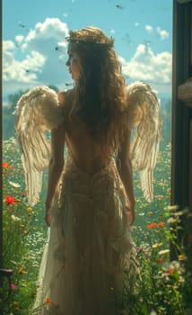 A serene and angelic figure with magnificent wings stands gracefully amidst vibrant wildflowers under a bright sky