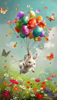 A playful scene featuring an adorable bunny holding colorful easter egg-shaped balloons, floating above a vibrant garden filled with flowers and butterflies. the festive and cheerful atmosphere joy and whimsy of the easter holiday.