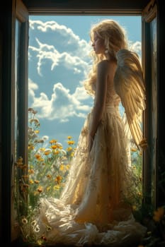 A beautiful angelic figure framed by blooming flowers and warm sunlight, exuding pure ethereal beauty