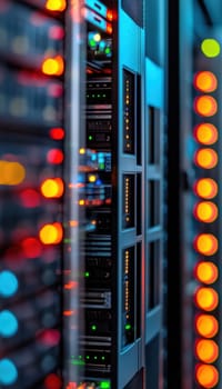 A close-up view of a server unit within a data center, the flashing lights and intricate hardware components. the precision and complexity of the technology are emphasized, with vibrant colors reflecting the dynamic activity.