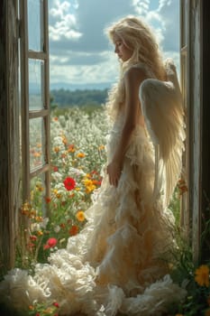An angelic being is surrounded by vibrant flowers, symbolizing beauty and tranquility in its purest form