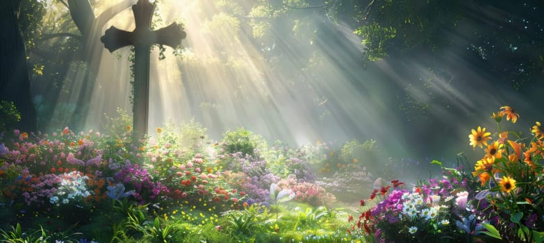 A serene garden scene highlights a decorated cross bathed in soft sunlight, surrounded by vibrant flowers. the tranquil atmosphere and lush greenery evoke a spiritual and peaceful ambiance, perfect for celebrating easter and reflections.
