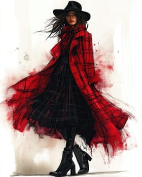 Watercolor illustration of a young woman in elegant clothing. Selective focus.