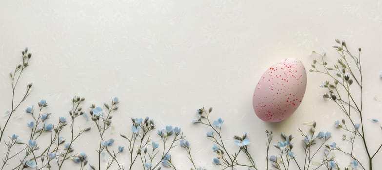 Minimalist design featuring a single pastel-colored egg with delicate red speckles, surrounded by a subtle floral border of blue flowers on a white background. ideal for high-end greeting cards or poster prints, with ample space for text.