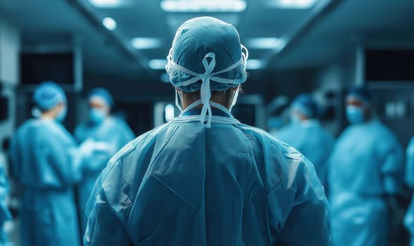 Rear view of surgeon preparing to perform surgery. Selective focus.