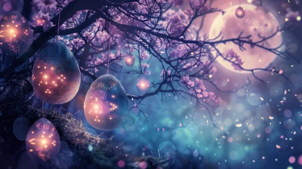Whimsical easter fantasy scene with glowing eggs hanging from trees in a moonlit, dreamlike forest. soft lighting and magical ambiance create an enchanting, mystical atmosphere perfect for seasonal designs and creative projects.