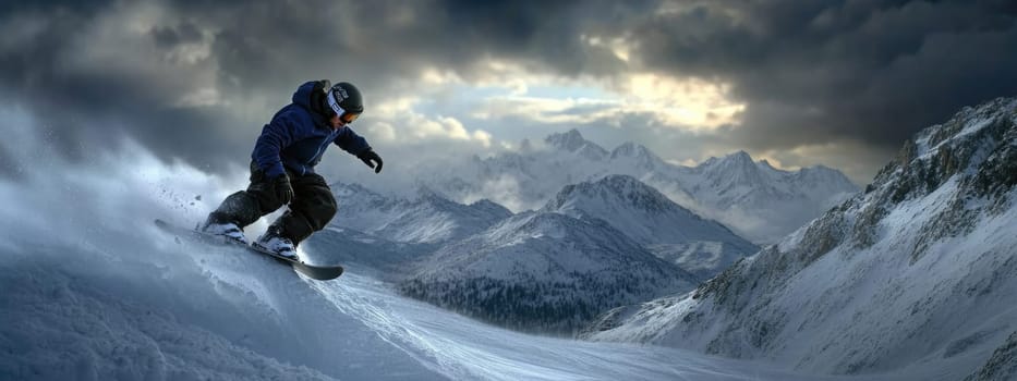 Mountain descent: snowboarder carving through fresh powder in winter mountains, capturing essence of outdoor sports and exhilaration of gliding down pristine slopes under sky