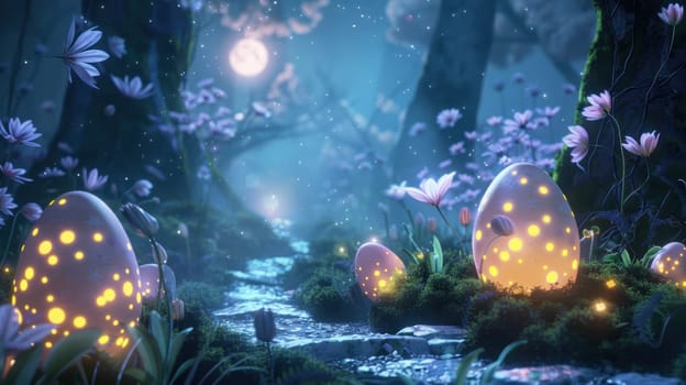 A mystical forest scene illuminated by moonlight, featuring glowing easter eggs nestled among luminescent flowers. the enchanting atmosphere is enhanced by gentle lighting, creating a magical and serene nighttime wonderland.