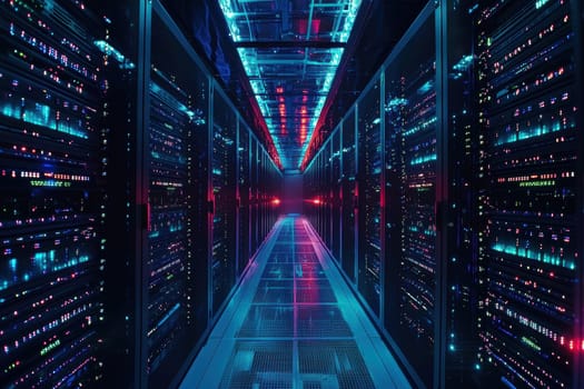 Rows of glowing servers line the interior of a high-tech data center, creating a futuristic atmosphere. the vivid lights and sleek design illustrate the seamless flow of data and the cutting-edge technology at work behind the scenes.