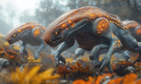 Running wild alien creatures on a blurred landscape. Selective focus.