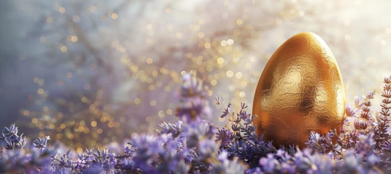 Golden egg nestled among lavender flowers exudes luxury and elegance. soft bokeh and gold accents enhance the festive easter theme. ample space is provided for a personalized message, ideal for holiday greetings or print design.