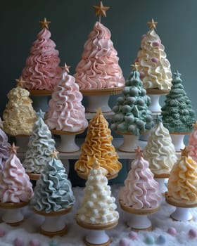 Ice cream in the shape of a Christmas tree in a waffle cone. Selective focus.