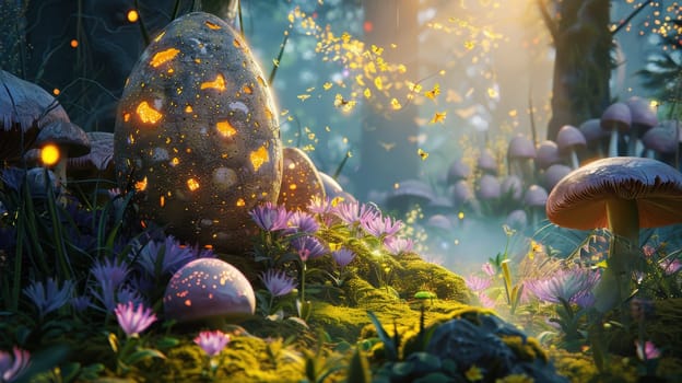 A whimsical easter background in a magical garden featuring giant glowing easter eggs among oversized mushrooms. soft twilight and flickering fireflies illuminate the scene, creating an enchanting and whimsical atmosphere.