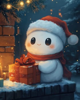 Cartoon snowman with a gift on Christmas night. Selective focus.