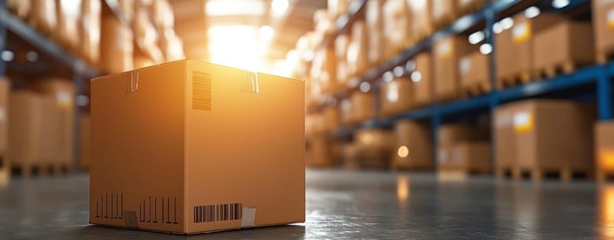 cardboard box in warehouse with stacked products and warm lighting creates sense of organization and efficiency.