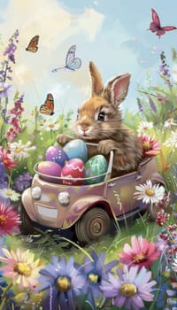 A playful easter scene with a bunny driving a tiny car brimming with colorful eggs through a spring garden. surrounded by vibrant flowers and fluttering butterflies, the image embodies the joy and brightness of the easter holiday.