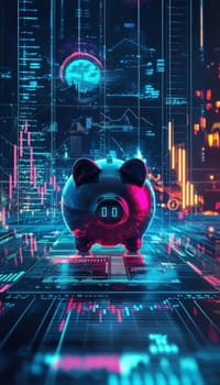 A sleek, futuristic piggy bank featuring a touch screen interface is surrounded by glowing financial data charts. this image symbolizes advanced financial management and technology integration in personal finance.