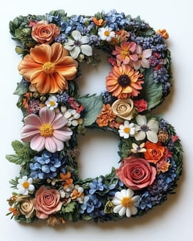 The letter B of colorful flowers on a white background. Selective focus.