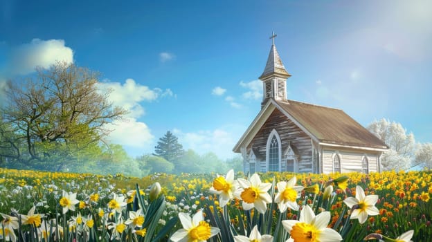 A classic easter background showcasing an old-fashioned wooden church amidst a vibrant field of daffodils and tulips. the clear blue sky and bright sunshine create a tranquil, traditional atmosphere, perfect for springtime celebration visuals.