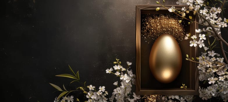 A sophisticated easter banner featuring a golden egg nestled in a polished wooden box, accented by delicate white flowers and elegant lighting. the dark background enhances the luxurious feel, providing ample space for customized text or branding.
