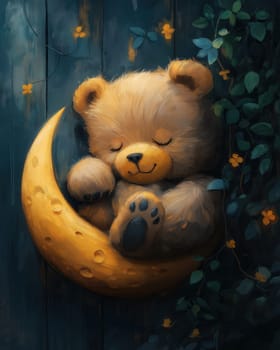 Cartoon bear sleeping on a moon on a blue background. Selective focus.