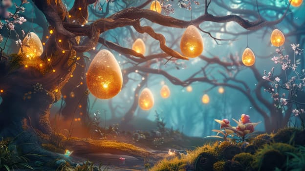 Enchanting fantasy forest at night with large glowing easter eggs hanging from branches like lanterns. bathed in soft moonlight, the dreamy scene is filled with mystical charm, with blooming flowers and twinkling lights enhancing the magic.
