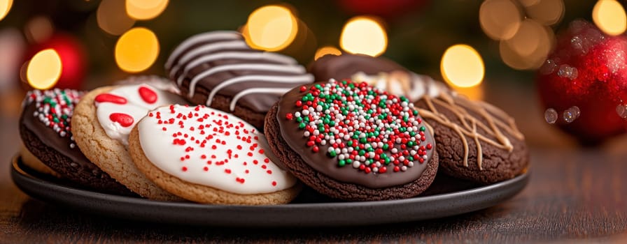 Delicious assorted holiday cookies decorated with frosting and sprinkles, perfect for festive celebrations. vibrant colors and textures create joyful atmosphere.