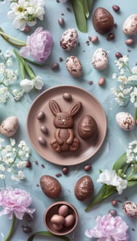Flat lay easter design featuring a chocolate bunny, patterned chocolate eggs, and fresh spring flowers on a pastel backdrop. blank greeting card space ideal for customization, combining festive elements perfect for social media or print.