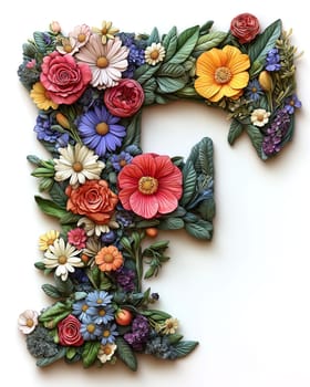 The letter F of colorful flowers on a white background. Selective focus.