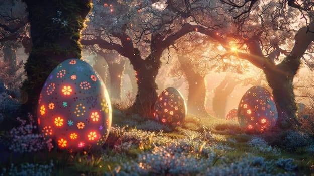 Enchanting woodland scene featuring large, glowing easter eggs adorned with intricate patterns. soft evening light casts a mystical glow across blooming flowers and ancient trees, creating a whimsical and captivating holiday atmosphere.