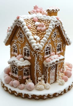 Christmas gingerbread house on white background. Selective focus.