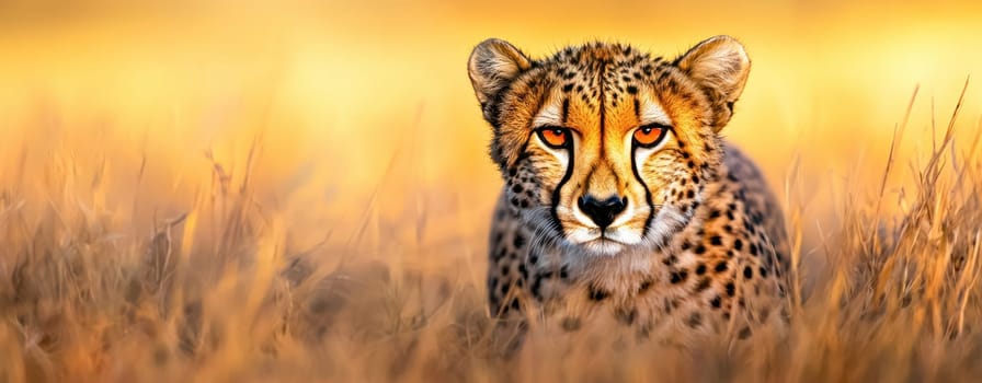 Cheetah in tall grass with striking orange eyes, showcasing its beautiful fur and intense gaze. This majestic animal embodies spirit of wild.