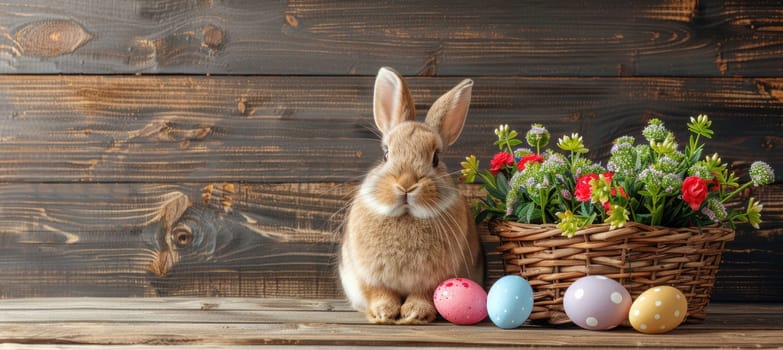 Adorable easter-themed scene featuring a fluffy bunny next to a basket of pastel-colored eggs and vibrant spring flowers. set on a rustic wooden background, perfect for seasonal decoration, greeting cards, or festive promotions.