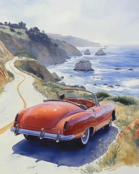 Watercolor of a vintage convertible driving along a winding road along the coast. Selective focus.