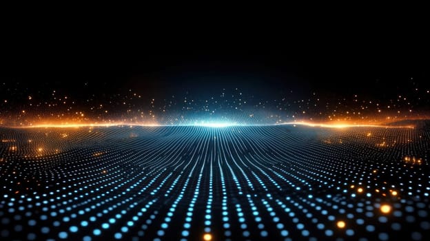mesmerizing cyber inspired visual of luminous data particles creating dynamic landscape. vibrant blue and orange lights form stunning digital horizon, evoking sense of depth and movement.