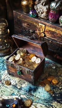 A treasure chest-shaped piggy bank overflowing with gold coins and bright jewels sits on an ancient map. the scene suggests themes of financial investment and discovery, blending nostalgia and wealth through artful arrangement.
