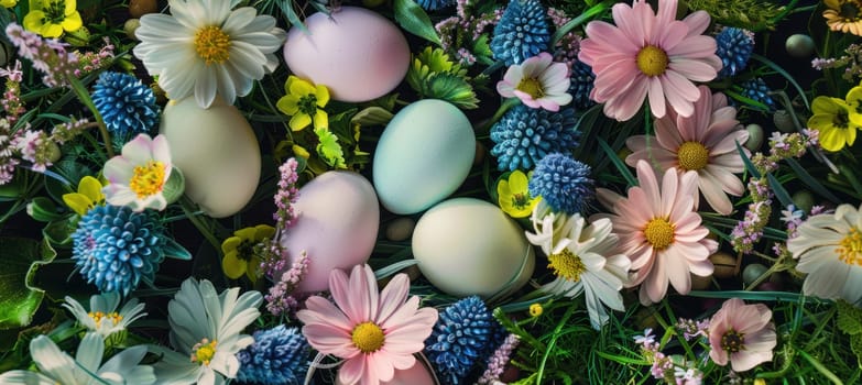 Vibrant easter-themed banner showcasing pastel-colored eggs nestled among fresh spring flowers and lush green grass. the lively arrangement of daisies, hydrangeas, and blossoms creates a cheerful atmosphere, ideal for festive designs.
